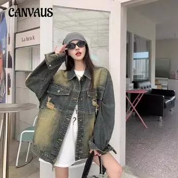 Джинсовая куртка в стиле ретро Broken Holes, женская, весна-осень, свободный топ с длинными рукавами Tide S синий