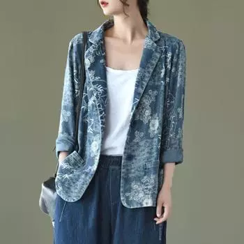 Джинсовая куртка в стиле ретро с синим принтом, отложной воротник, топ с длинными рукавами, женский свободный кардиган на одной пуговице, свободное повседневное пальто для поездок на работу, осень L синий