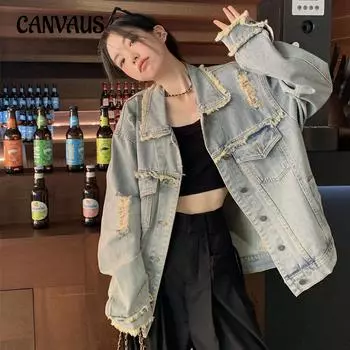 Джинсовая куртка в стиле ретро, женская весенне-осенняя свободная повседневная рабочая одежда, куртка с длинными рукавами Top Tide S светло-синий