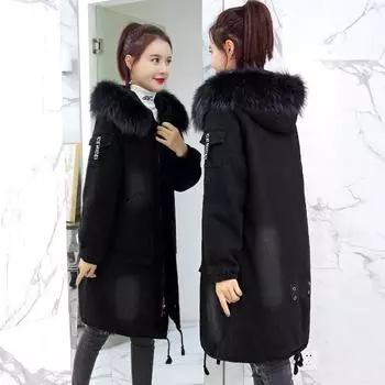 Джинсовая куртка женская бархатная утолщенная средняя и длинная с хлопковой подкладкой одежда 2024 зима новая корейская версия свободная с капюшоном одежда для мам из хлопка S 50 kg чёрный