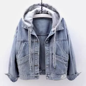 Джинсовая куртка женская корейский стиль свободная короткая куртка с длинным рукавом и капюшоном много карманов универсальные топы S чёрный