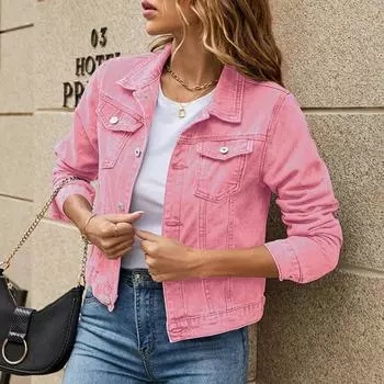 Джинсовая куртка женская однотонная повседневная с длинным рукавом на пуговицах с нагрудным карманом джинсовая куртка XXL белый