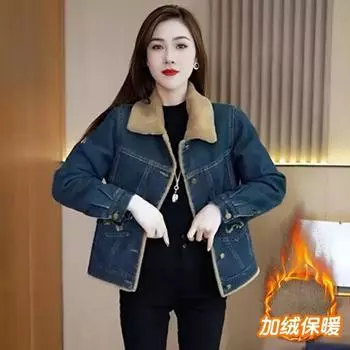 Джинсовая куртка женская осень и зима 2024 новая свободная корейская версия маленькая бархатная утолщенная короткая повседневная куртка верхняя часть S синий
