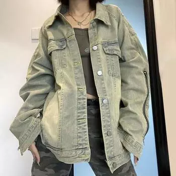 Джинсовая куртка женская плюс размер молния свободная куртка на пуговицах женское удобное спортивное повседневное пальто M