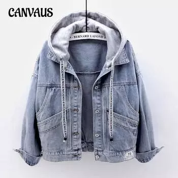 Джинсовая куртка женская с длинным рукавом куртка с капюшоном свободные короткие топы с несколькими карманами S светло-синий