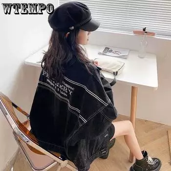 Джинсовая куртка женская с вышивкой букв весна и осень черная яркая линия украшения корейская версия свободная универсальная куртка тренд S чёрный