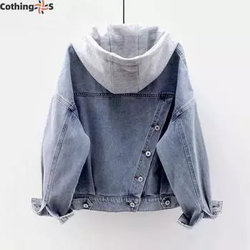 Джинсовая куртка женская свободная короткая с длинным рукавом с капюшоном пальто с несколькими карманами Hundred Tops S