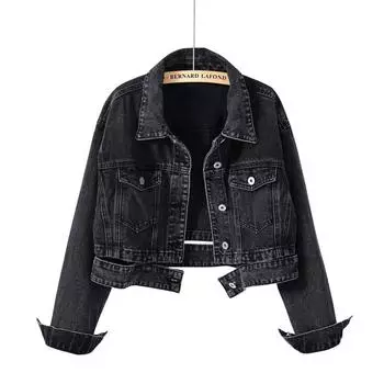 Джинсовая куртка женская весна и осень новая ретро черная джинсовая короткая куртка с высокой талией топ S чёрный