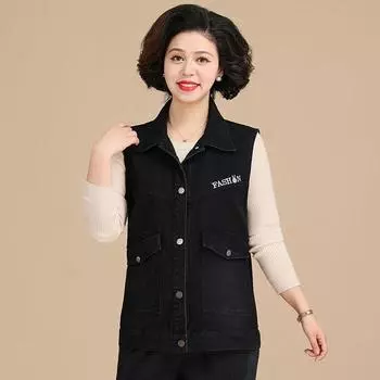 Джинсовая куртка женская весна-осень жилет в стиле вестерн для среднего возраста осенняя тонкая куртка для среднего возраста XXXXXL чёрный