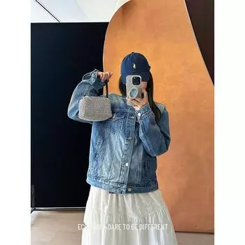 Джинсовая куртка Zichuan Retro Spring: Повседневный силуэт с косой планкой, женский E1655 M (recommended 50-62.5 kg) синий