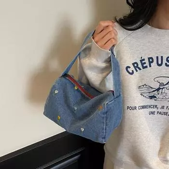 Джинсовая маленькая квадратная сумка с цветочной вышивкой, легкая женская сумка через плечо чёрный