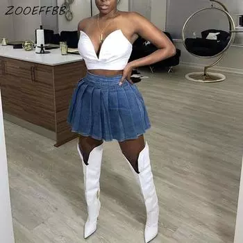 Джинсовая мини-плиссированная юбка больших размеров для женщин, модные штаны, винтажные короткие джинсы с высокой талией в стиле Харадзюку, теннисные юбки XXXL темно-синий