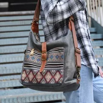 Джинсовая многофункциональная сумка через плечо Johnature, большая вместительная парусиновая женская сумка через плечо с геометрическим принтом серый