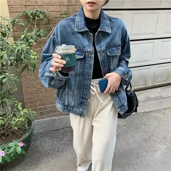Джинсовая одежда в гонконгском стиле в стиле ретро, женская осенняя свободная универсальная повседневная джинсовая куртка в корейском стиле, куртка L