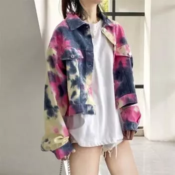 Джинсовая осенняя куртка с принтом тай-дай, женская куртка с отложным воротником, свободная посадка, повседневная куртка в корейском стиле, пальто на пуговицах, шикарные топы 2021 M зелёный