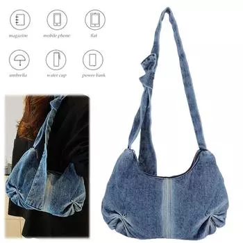 Джинсовая плиссированная сумка-полумесяц для женщин, большая вместимость, сумка через плечо, завязанный ремешок, сумка под мышкой, на молнии для поездок на работу и путешествий синий