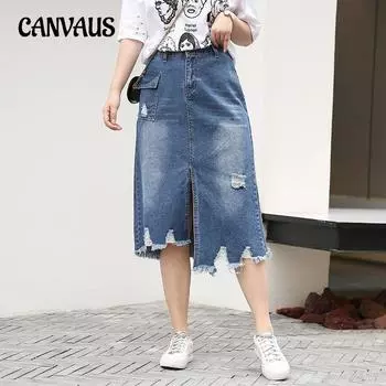 Джинсовая полуюбка больших размеров, женская джинсовая юбка с эластичной резинкой на талии, передний левый боковой карман, повседневная джинсовая юбка с кисточками