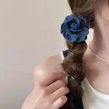 Джинсовая резинка для волос с цветком камелии, эластичный телефонный шнур, резинка для волос с орнаментом, декорированная повязка для волос, аксессуар для женщин и девочек чёрный