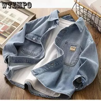 Джинсовая рубашка для мальчиков. Детское тонкое пальто с лацканами. Рубашка с длинными рукавами. 120 синий