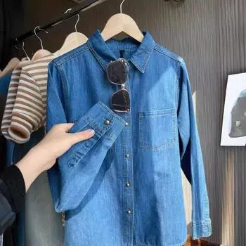 Джинсовая рубашка для женщин с длинным рукавом и лацканами, синяя, повседневная, свободная, с открытыми плечами, базовые рубашки Ted S синий