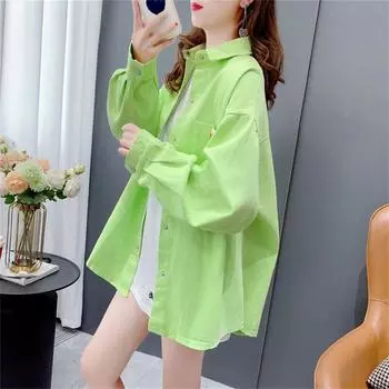 Джинсовая рубашка ярких цветов в стиле ретро, женская осенняя новинка, свободный топ с длинными рукавами, ленивый, ветрозеленый S розовый