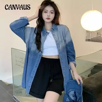 Джинсовая рубашка-рубашка с градиентом цвета, женская весенне-осенняя темпераментная рубашка, свободная верхняя одежда с длинными рукавами BF, топы S