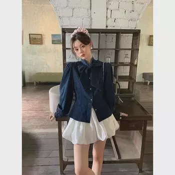 Джинсовая рубашка с бантом во французском стиле, весна 2025 г. - замедляет старение, прекрасный темперамент, C3515 Small джинсовый синий