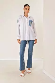 Джинсовая рубашка с карманом, расшитым пайетками