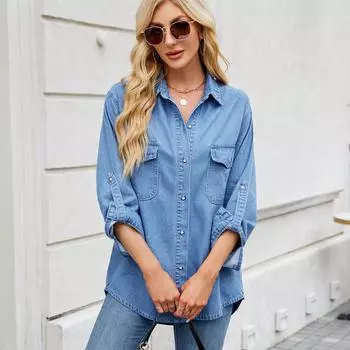 Джинсовая рубашка с регулируемым рукавом в европейском и американском стиле, свободный верх S светло-синий