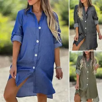 Джинсовая рубашка с воротником-стойкой, длинными рукавами, женское платье А-силуэта, однобортное платье длиной до колена S зелёный