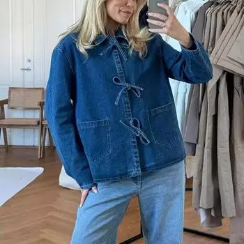 Джинсовая рубашка со шнуровкой и бантом для женщин, повседневная, с длинным рукавом, карманом, отложным воротником, свободная блузка, верхняя часть, весенняя однотонная офисная женская одежда S синий