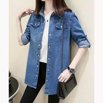 Джинсовая рубашка, тонкая куртка, женская свободная рубашка с длинными рукавами, джинсовая куртка средней длины, весенняя спортивная рубашка большого размера