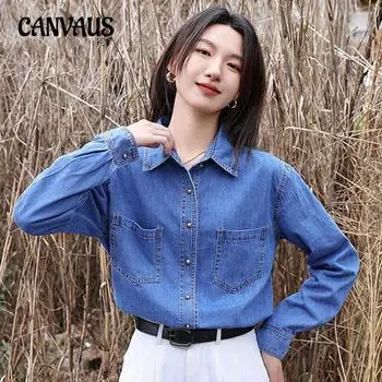 Джинсовая рубашка в гонконгском стиле, женская весна и осень, блузка с укладкой снизу S темно-синий
