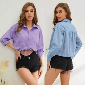 Джинсовая рубашка женская осень и зима новая повседневная универсальная свободная рубашка с двумя карманами S