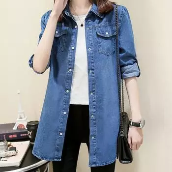 Джинсовая рубашка женская с длинными рукавами для колледжа тонкая корейская версия джинсовой рубашки-куртки Wild XXXL темно-синий
