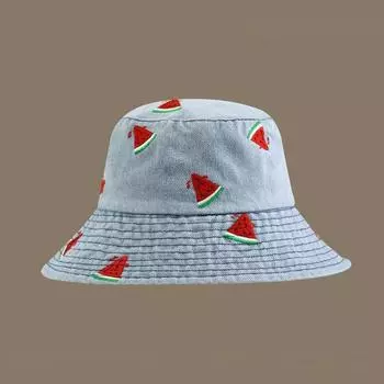 Джинсовая шляпа-ведро с вышивкой в виде арбуза, широкополая, модная, универсальная, для лица, маленькая шляпа-ведро, солнцезащитная шляпа для девочек M56-58cm чёрный