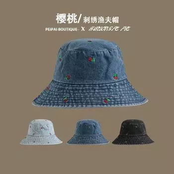 Джинсовая шляпа-ведро женская повседневная модная шляпа с маленьким козырьком и вышитым вишневым узором универсальная солнцезащитная шляпа M (56-58cm) Cherry Denim Hat светло-синий
