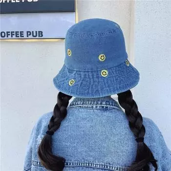 Джинсовая синяя шляпа-ведро женская весна-лето смайлик милый маленький свежий студенческий универсальный козырек для бассейна защита от солнца M56-58cm темно-синий