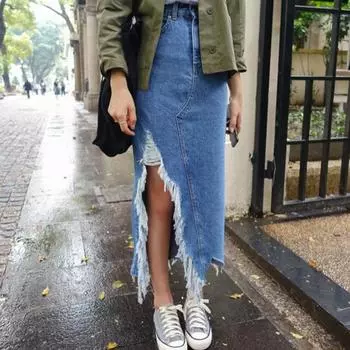 Джинсовая синяя юбка с рваной бахромой в стиле Харадзюку, элегантная морская юбка, универсальная простая однотонная юбка, юбка ранней осени S синий