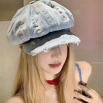 Джинсовая стираная старая дырка берет женская летняя тонкая большая окружность головы шляпа облако ниша лицо маленькая шляпа M56-58cm