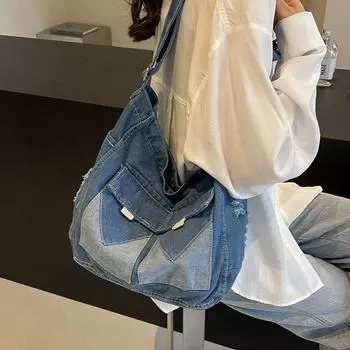 Джинсовая сумка Большая вместительная сумка через плечо Студенческая повседневная сумка через плечо джинсовый синий