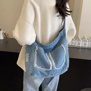 Джинсовая сумка Большая вместительная сумка Женская пригородная сумка через плечо темно-синий