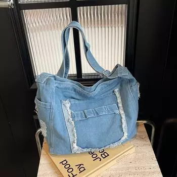 Джинсовая сумка Большая вместительная сумка через плечо Женская большая сумка темно-синий