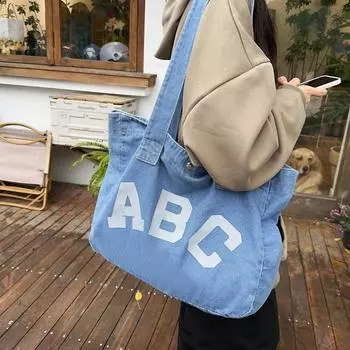 Джинсовая сумка большой емкости, женская сумка-тоут с буквенным принтом, студенческая сумка на плечо светло-синий
