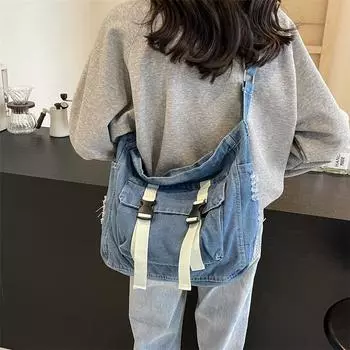 Джинсовая сумка большой емкости, женская сумка через плечо, студенческая сумка-мессенджер, большая сумка темно-синий