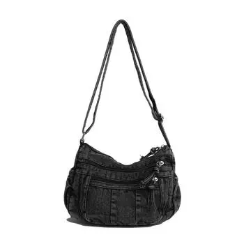 Джинсовая сумка большой вместимости женская многокарманная на плечо через плечо чёрный