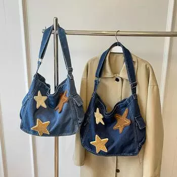 Джинсовая сумка через плечо Star, модная сумка через плечо большой вместимости с молнией, регулируемым ремешком, сумка-мессенджер с несколькими карманами для женщин темно-синий