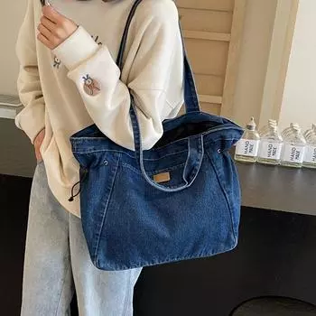 Джинсовая сумка через плечо Студенческая большая сумка Женская сумка большой емкости Сумка для покупок темно-синий