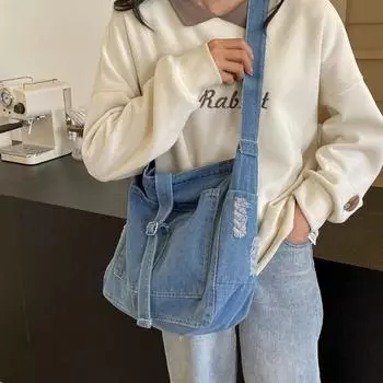 Джинсовая сумка через плечо, женская большая сумка, студенческая сумка через плечо, большая вместительная сумка для покупок чёрный