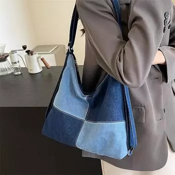 Джинсовая сумка Цветная сумка на плечо Женская большая вместительная сумка Сумка подмышки бежевый